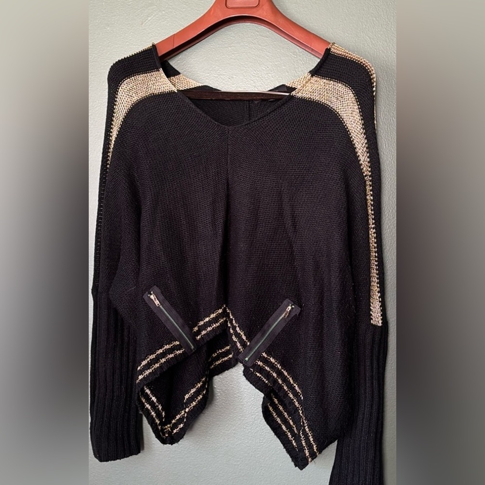 Women Sz XL knit oversized black gold oversized casual zippers pullover sweater